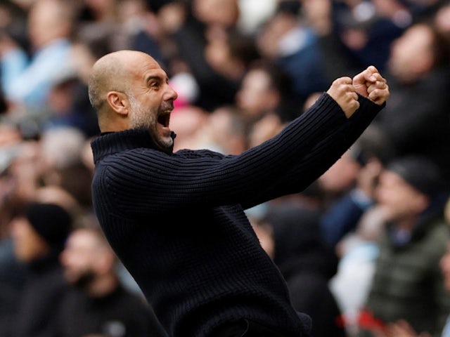 L'entraîneur de Manchester City, Pep Guardiola, célèbre son premier but le 1er avril 2023