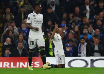 Rodrygo du Real Madrid célèbre son but contre Chelsea le 18 avril 2023