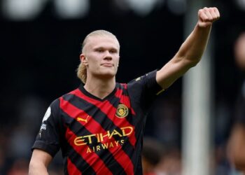Erling Braut Haaland de Manchester City célèbre après le match du 30 avril 2023