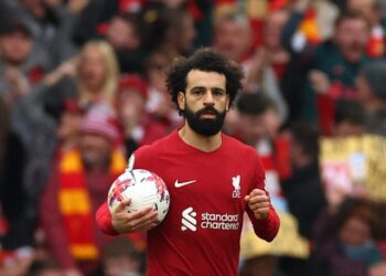 Mohamed Salah de Liverpool célèbre son premier but le 10 avril 2023
