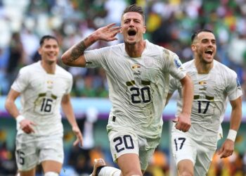 Le Serbe Sergej Milinkovic-Savic célèbre son but contre le Cameroun lors de la Coupe du monde le 28 novembre 2022