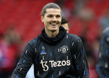 Marcel Sabitzer de Manchester United photographié lors de l'échauffement avant le match du 4 février 2023