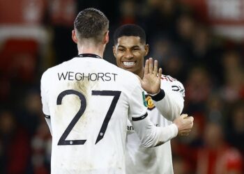 Wout Weghorst de Manchester United célèbre son but contre Nottingham Forest le 25 janvier 2023
