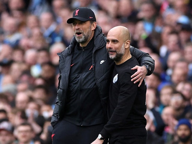 Le manager de Liverpool Jurgen Klopp et le manager de Manchester City Pep Guardiola photographiés le 10 avril 2022