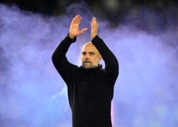 L'entraîneur de Manchester City, Pep Guardiola, célèbre après le match du 24 mai 2023