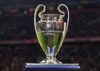 Vue générale du trophée de la Ligue des champions avant le match du 19 avril 2023