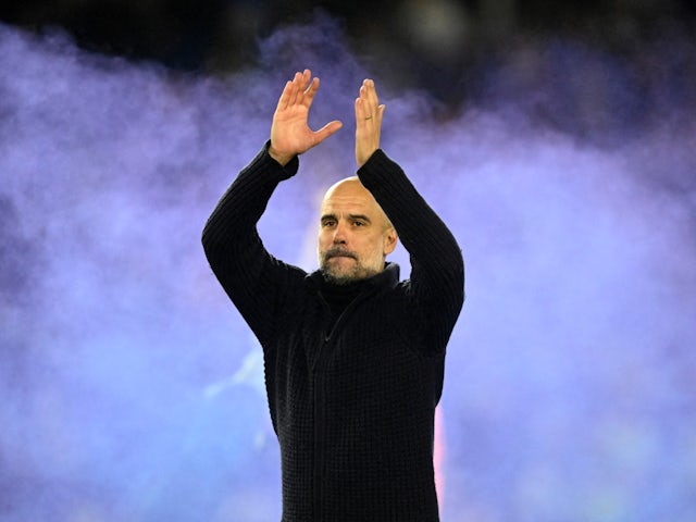 L'entraîneur de Manchester City, Pep Guardiola, célèbre après le match du 24 mai 2023