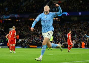 Erling Braut Haaland de Manchester City célèbre son troisième but le 11 avril 2023