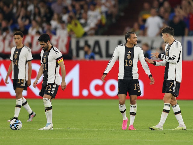 Les Allemands Ilkay Gundogan, Leroy Sane et Kai Havertz réagissent après que le Colombien Luis Diaz ait marqué son premier but le 20 juin 2023
