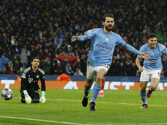 Manchester City's Bernardo Silva celebrates scoring against Bayern Munich on April 11, 2023