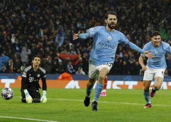 Bernardo Silva de Manchester City célèbre son but contre le Bayern Munich le 11 avril 2023