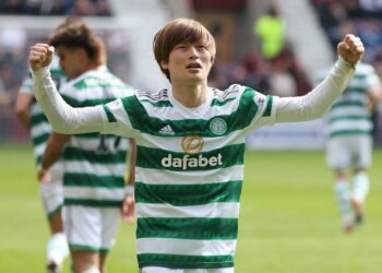 Kyogo Furuhashi du Celtic célèbre son premier but le 7 mai 2023