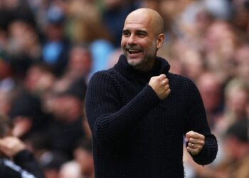 Le manager de Manchester City, Pep Guardiola, réagit le 6 mai 2023