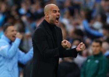 L'entraîneur de Manchester City, Pep Guardiola, célèbre son premier but marqué le 17 mai 2023