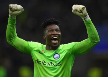 Andre Onana de l'Inter Milan réagit en avril 2023