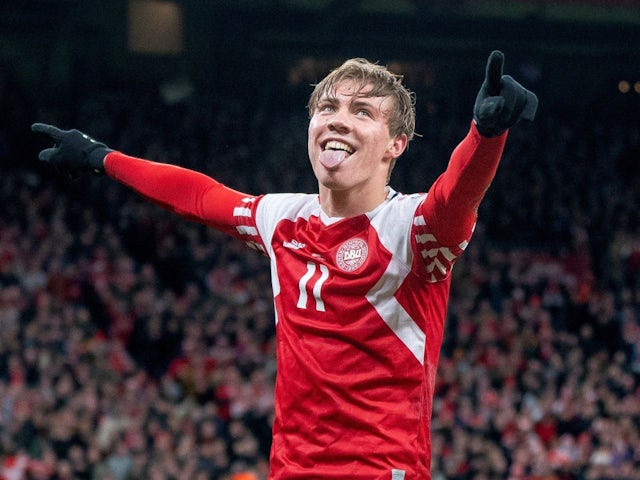 Denmark's Rasmus Hojlund celebrates scoring their second goal on March 23, 2023