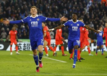 Leicester City's Harvey Barnes celebrates scoring against Brighton & Hove Albion on January 21, 2023