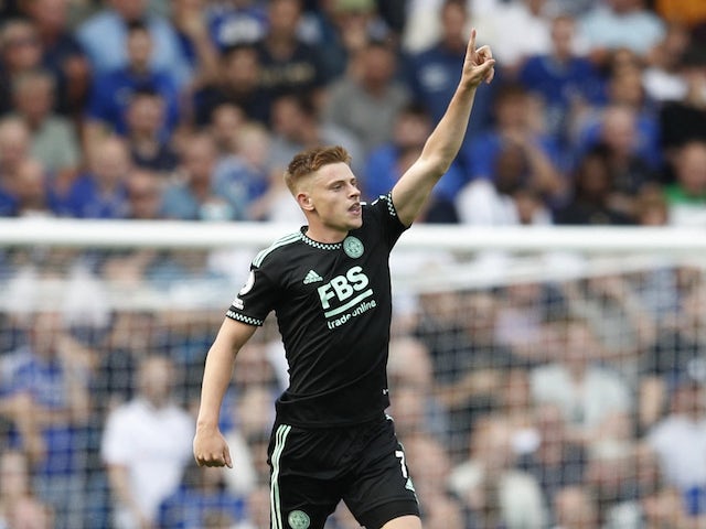 Harvey Barnes celebrates scoring for Leicester City on August 27, 2022