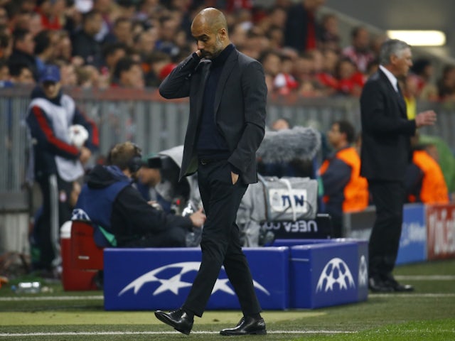 Pep Guardiola du Bayern Munich réagit lors de sa défaite en demi-finale retour de la Ligue des champions contre le Real Madrid le 29 avril 2014