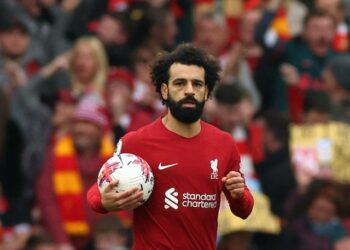 Mohamed Salah de Liverpool célèbre son premier but le 10 avril 2023