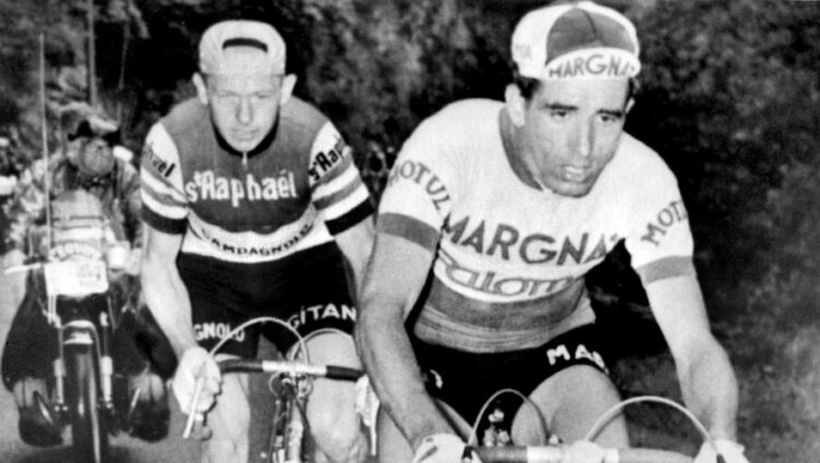Spanish cyclist Federico Bahamontes (foreground) and French Gerard Thielin (background) ride during the 12th lap between Luchon and Toulouse of the 50th Tour de France, on July 04, 1963. AFP PHOTO (Photo by AFP)