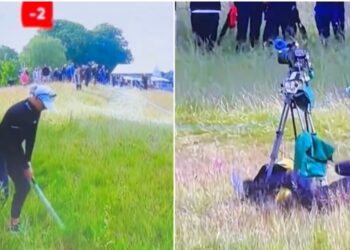 Un caméraman de golf s’effondre de douleur après avoir été touché par un tir capricieux