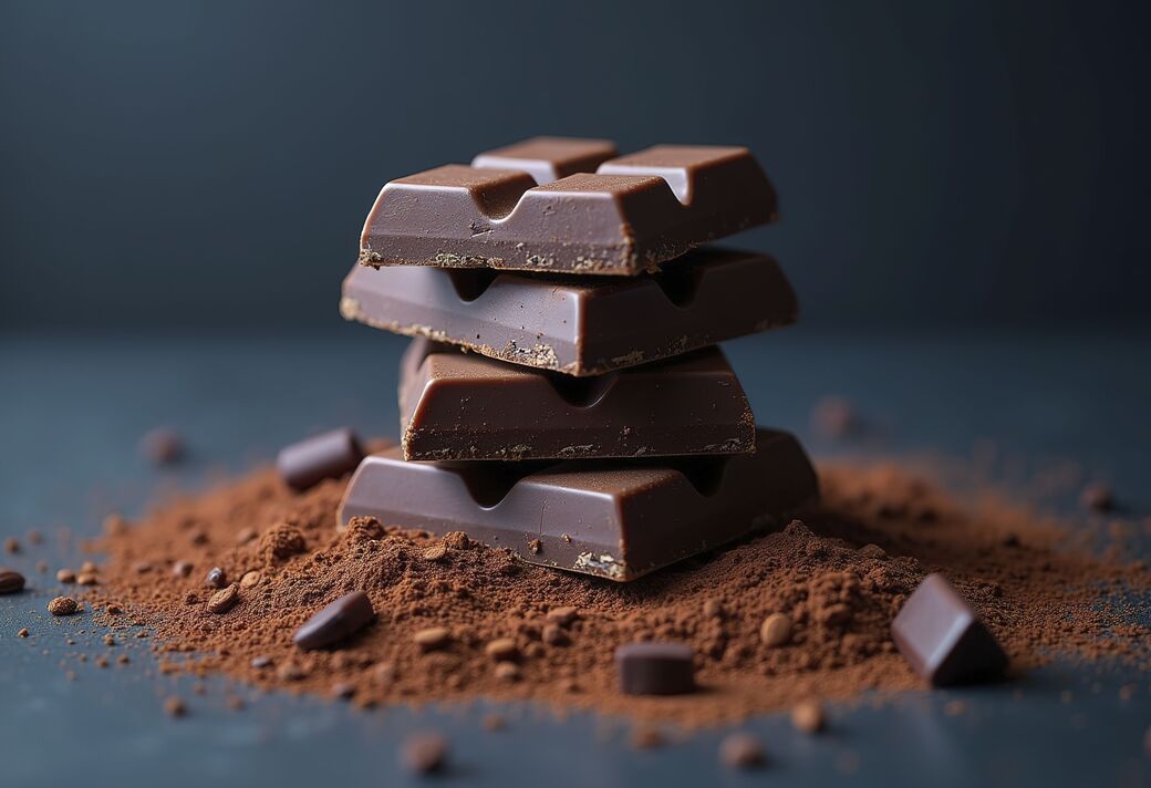 Morceaux de chocolat noir empilés avec poudre de cacao et copeaux de chocolat sur une surface sombre