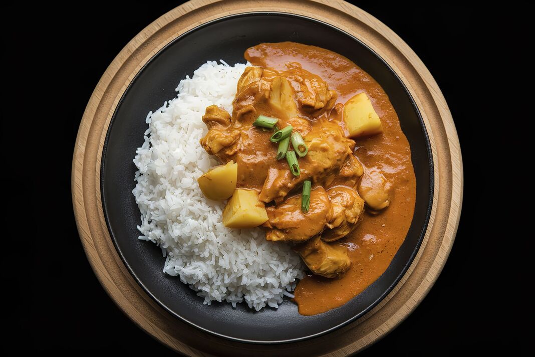 Un gros plan d'une assiette de riz blanc cuit à la vapeur avec un plat de poulet au curry sur le dessus