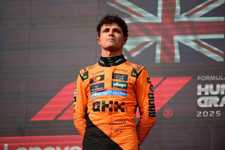 Lando Norris of the McLaren F1 Team celebrates on the podium during the race of the Hungarian GP, the 14th round of the Formula 1 World Championship, at Hungaroring in Mogyorod, Central Hungary, Hungary, on August 3, 2025. (Photo by Andrea Diodato/NurPhoto via Getty Images)